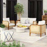 Outdoor 3 Piece Wood Patio Set Rattan Loveseat and Chairs